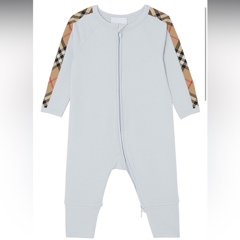 Burberry Light Blue One-Piece Romper with Iconic Check Trim